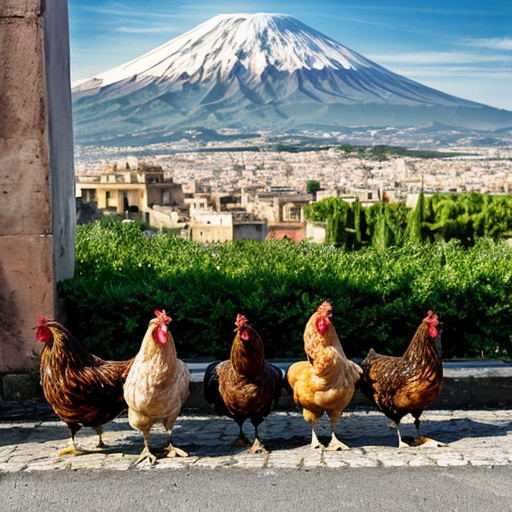 Crea un immagine che contenga un gruppo di galline, in centro a Catania e sullo sfondo l'Etna. Il tutto deve essere circondata da fichi d'india e arance
