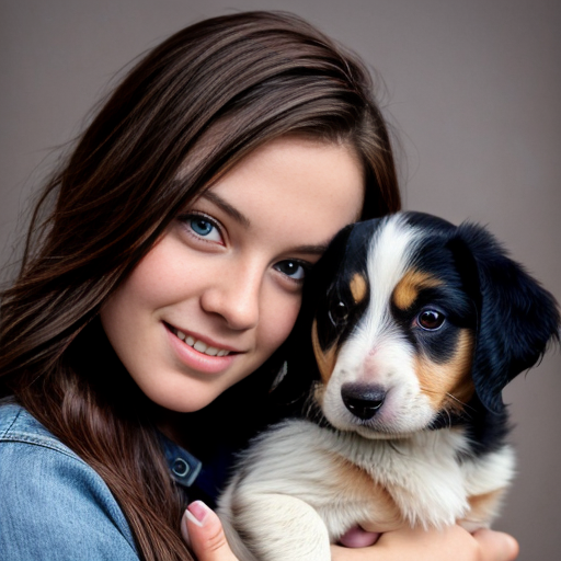 a girl with light brown long hair and blue eyes with an adourable puppy in her hand