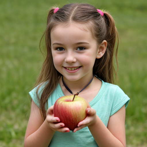 a little girl with a apple neeklace