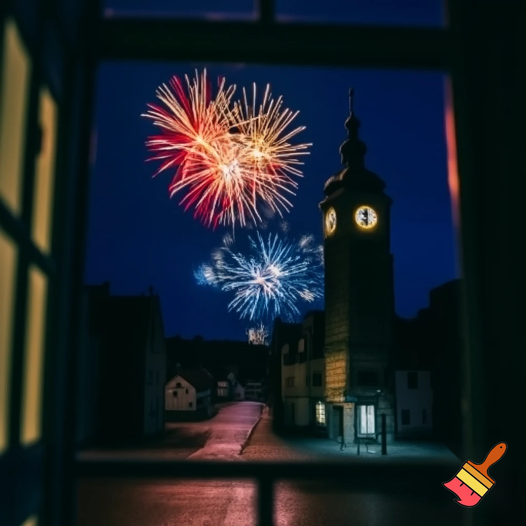 view from a window on a small town at night, the clock tower at the right side and fireworks on the sky