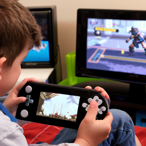Create an image about a kid playing video games like a game boy and other one with the same kid now adult enjoying playing with the same console.
