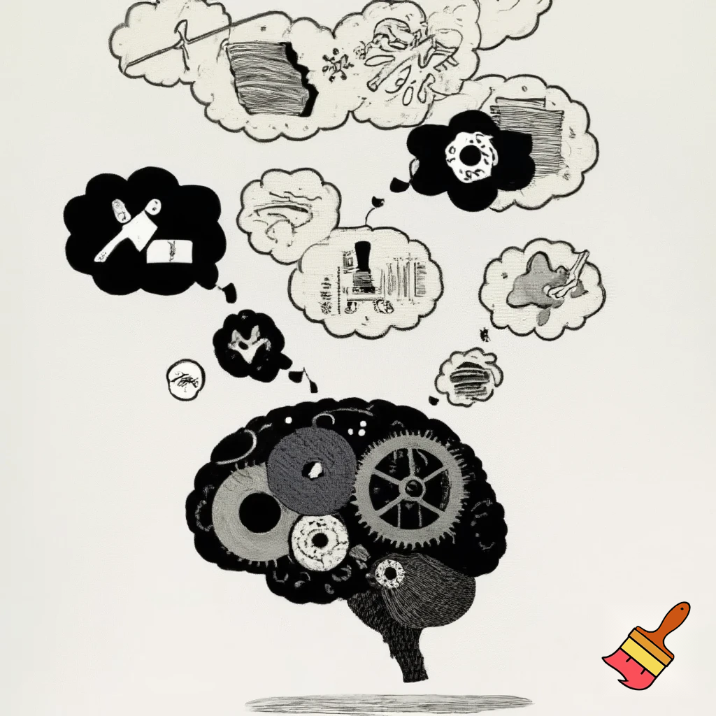 Brain running survival simulations

Cartoon brain with gears and multiple thought bubbles, running simulations, black and white, xkcd-style, abstract illustration