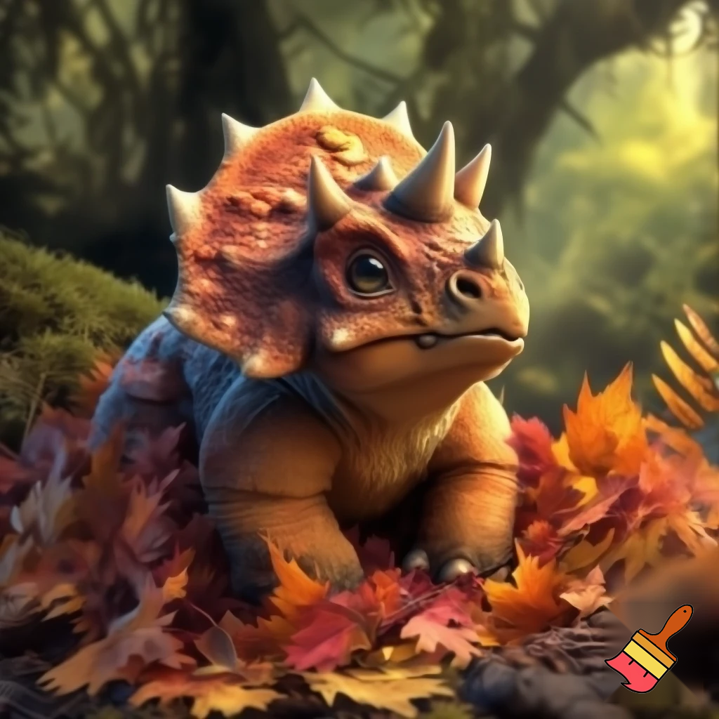 Draw a cute baby triceratops In the wild covering his head in a pile of leaves 