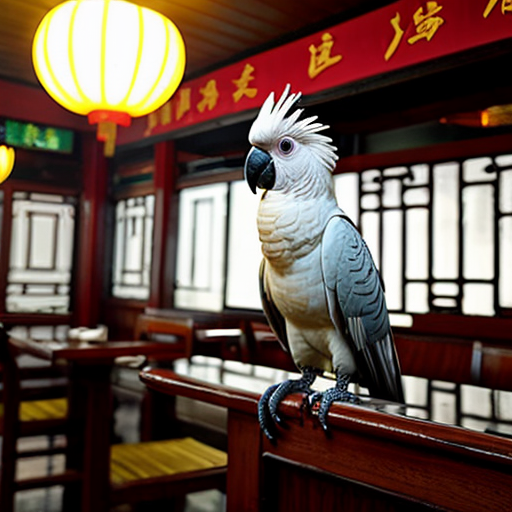 a cockatoo perching on a floating Chinese restaurant