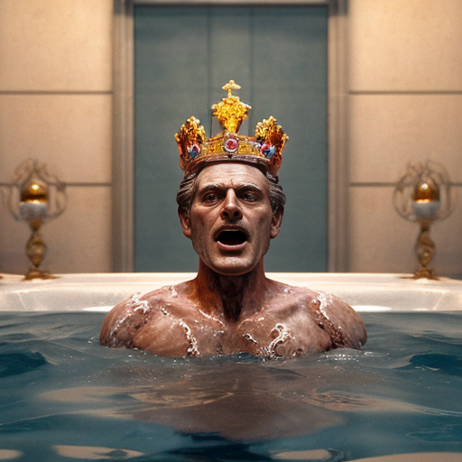 crea un video:"Arquímedes reflexiona sobre el misterio de una corona real. Al entrar en una bañera descubre el principio del desplazamiento del agua y corre emocionado por la antigua Siracusa gritando '¡Eureka!'. Estilo épico y realista."