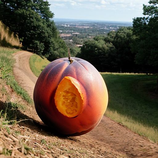 Giant peach rolling down the hill