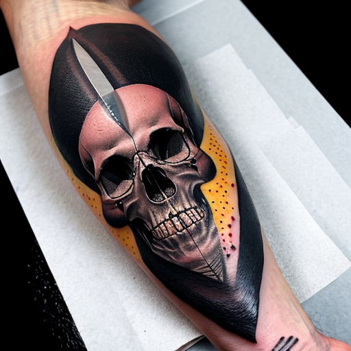 Line art tattoo style of a skull headed knife piercing both a pomegranate and the palm of a hand