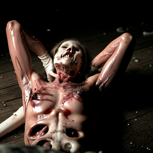 "Ultra-realistic cinematic still from Lucio Fulci's 1980 horror film City of the Living Dead, a horribly decayed and mutilated human corpse lying on a filthy wooden floor in a dark, abandoned building, extreme putrefaction and advanced decomposition, the body is bloated and ruptured with exposed glistening wet viscera, intestines, muscle tissue and sinews spilling out, dark clotted blood and viscous fluids everywhere, slimy translucent maggots and worms crawling over the rotting flesh, skin peeled back in wet strips, one leg partially severed and twisted at an unnatural angle with exposed bone, the corpse is covered in thick shiny slime and dark grime, dramatic low-key horror lighting with harsh shadows, wet reflective surfaces, gritty dirty textures, muddy wooden planks and debris scattered around, extremely detailed gore, photorealistic, hyper-detailed, 35mm film grain, cinematic color grading with desaturated tones and sickly greenish-pink hues, shot on Kodak Vision3, horror movie practical effects style --ar 16:9 --stylize 250 --v 6"