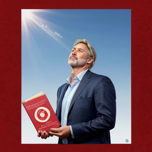 God in heaven 
holding a book with seven red seals on it and John looking up at him
