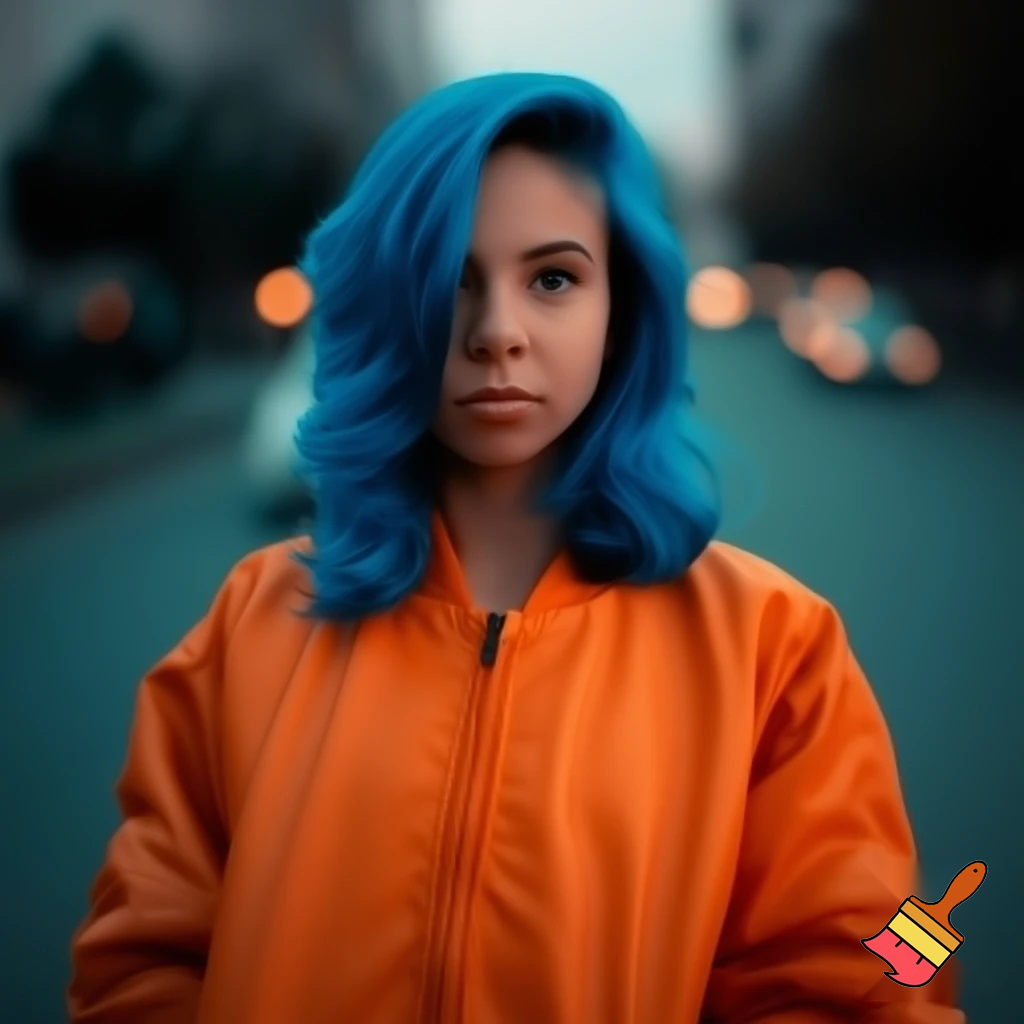 a girl with blue hair and a orenge jacket