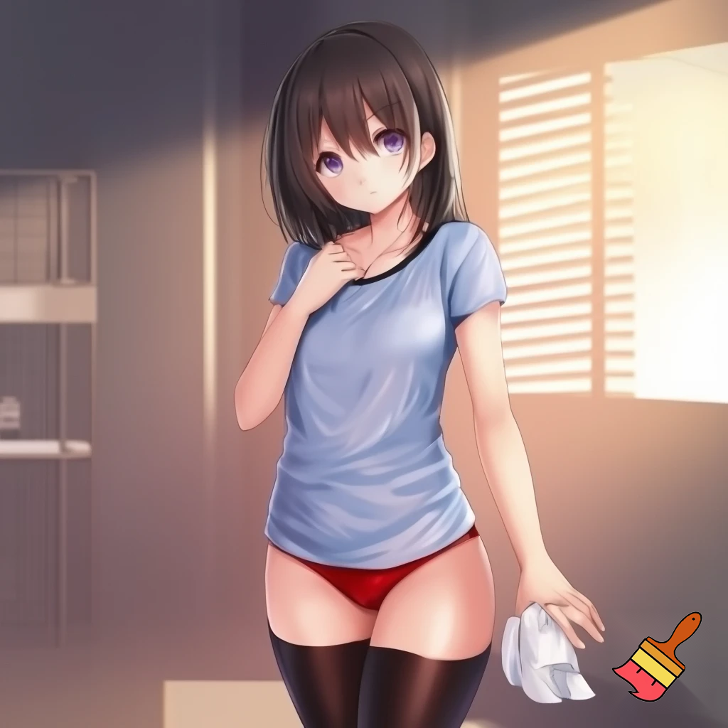 Anime girl 20 years old so cool and cute with red underwear clothes is dressing very short shirt and thigh high socks is standing in cool pose and her body and ass and wait so cool and shiny body make it so anime and make