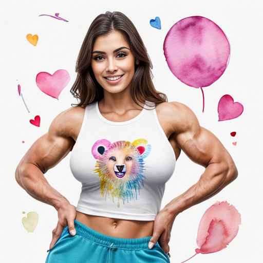 Female care bear with black fur, large and muscular arms, huge muscles, circular eyes, eyelashes, sharp teeth, claws, busty, two meters tall, large breasts inside blue T-shirt and pants.