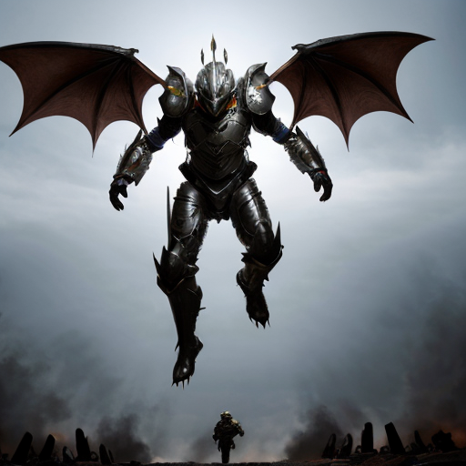 A man in fancy, high tech, and futuristic dragon armor suit in the battlefield, levitating in the air with metal wing