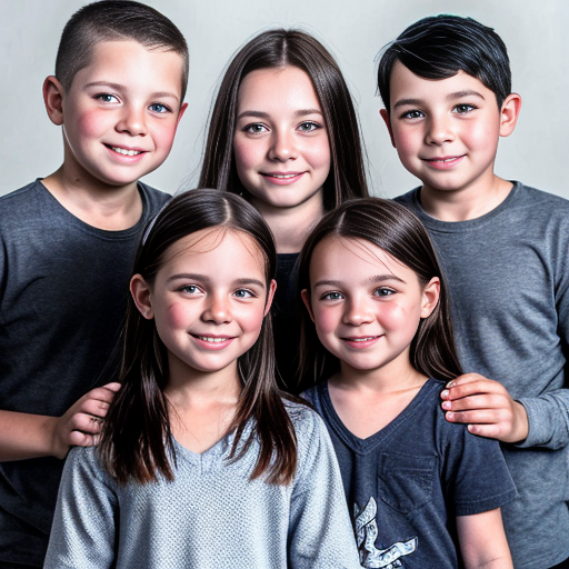 generate a family photo of  6 kids. generate 1 set of triplet boys that are two years old with black hair. generate another set of girl triplets that are 16 with black hair and generate all of them togteher in a family photo