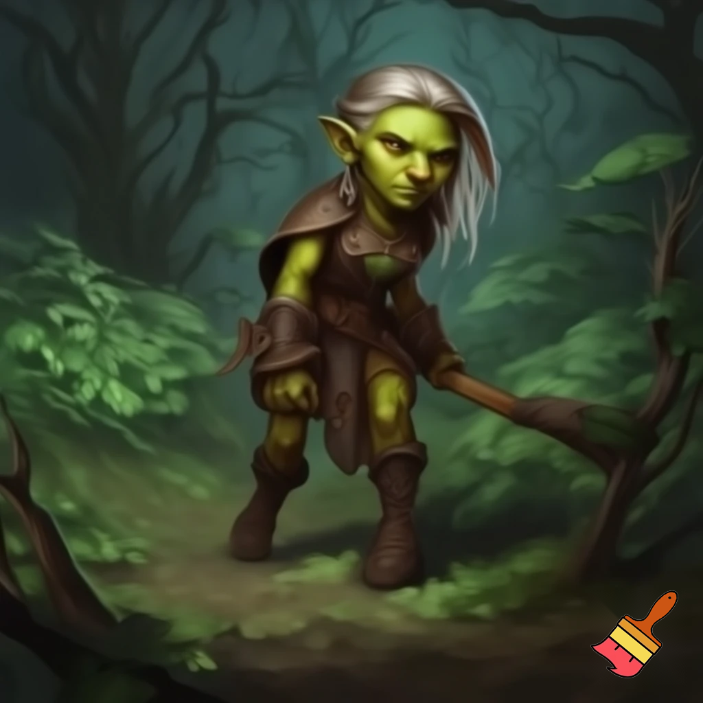 ambientazione fantasy, una ranger goblin femmina si aggira cauta tra le piante di un bosco misterioso