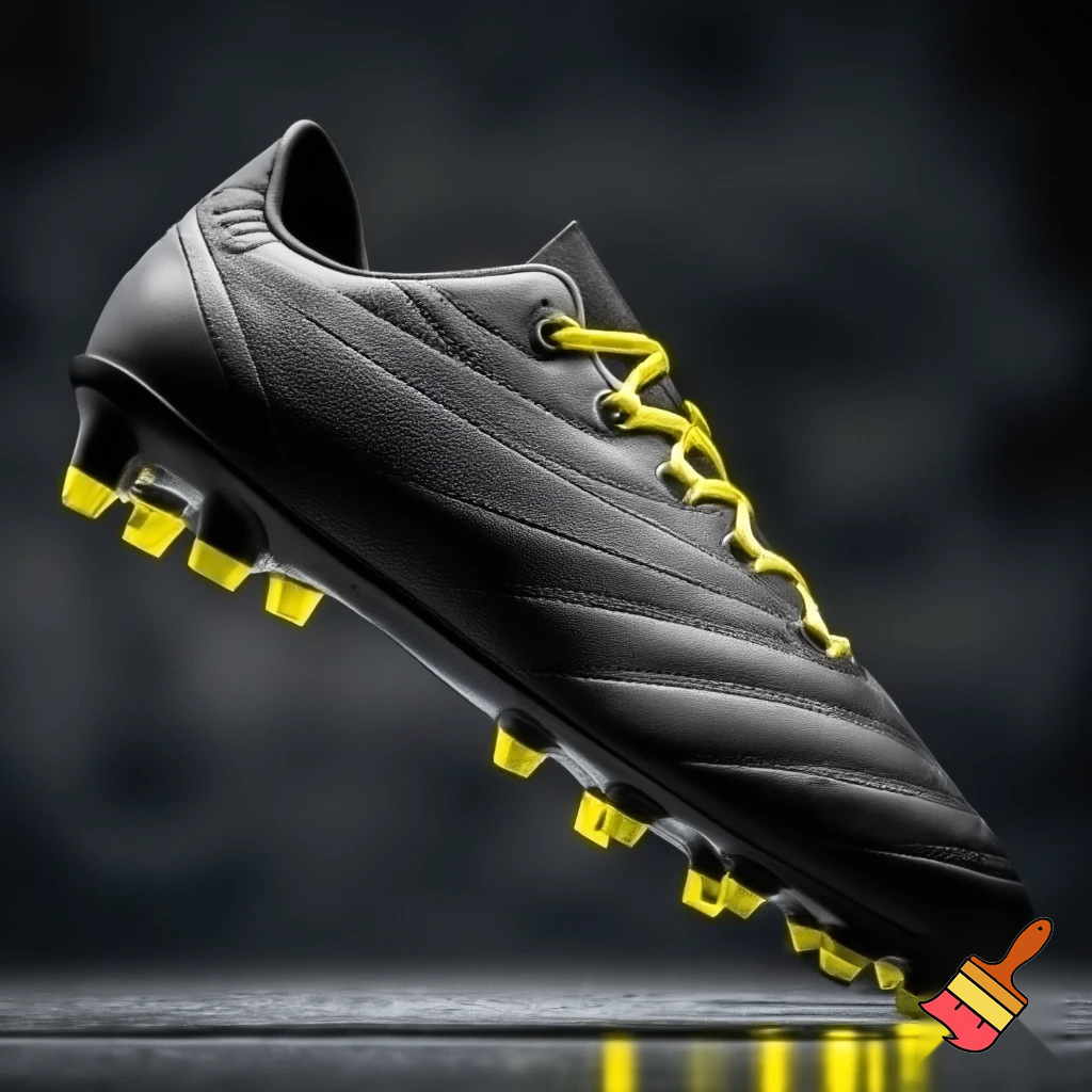 a plain black soccer boot with yellow studs with yellow shoelaces