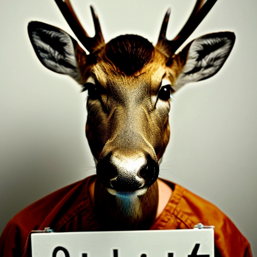 picture of a mugshot deer, with scars, serious face holding a number board