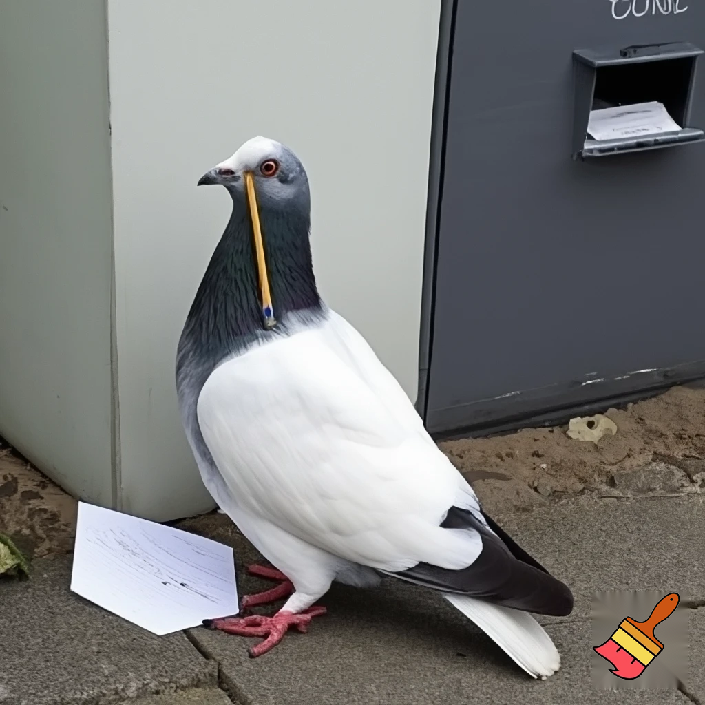 A white and black pigeon with a pencil in the mouth is writing a mail, near a mailbox