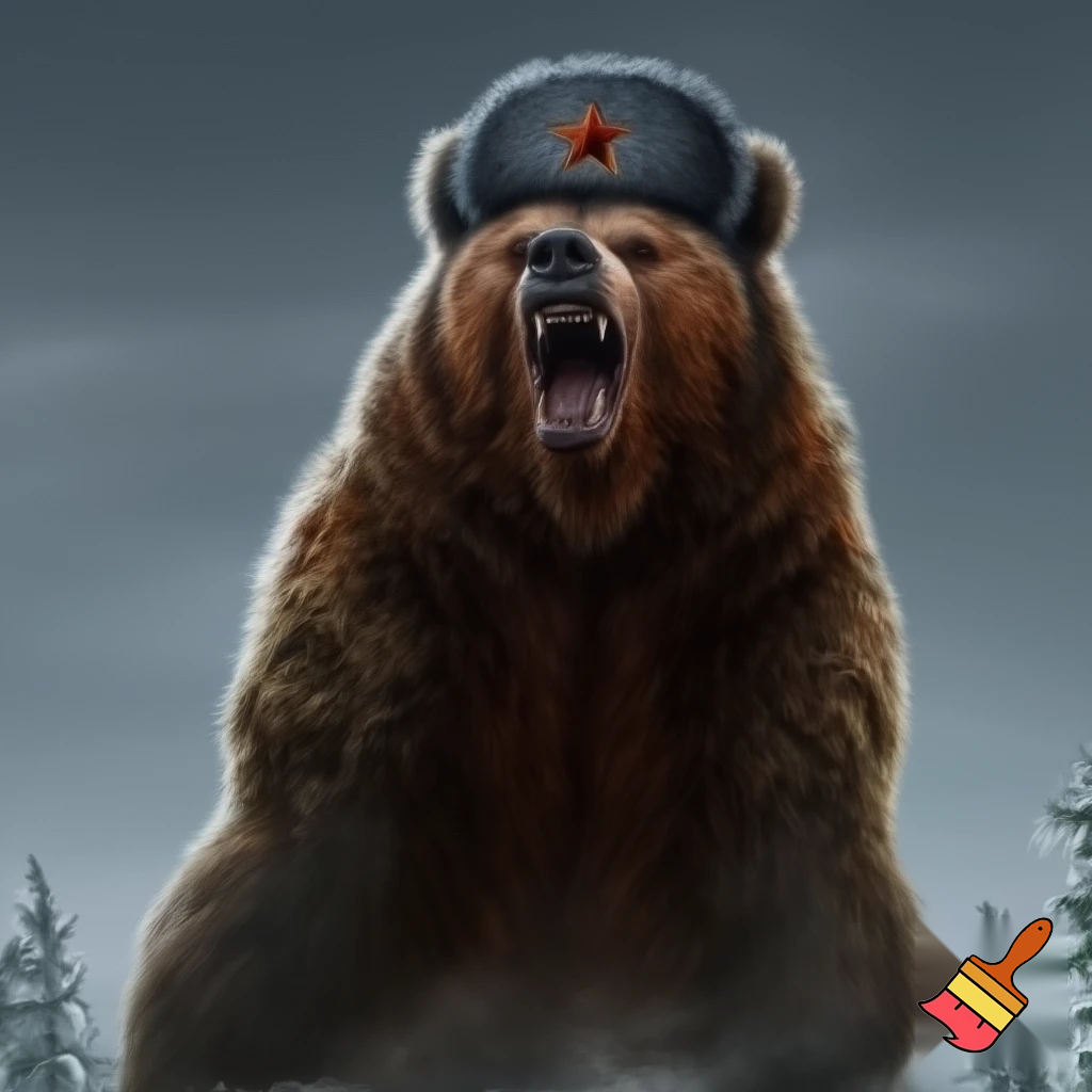 make a bear with a ushanka on withthe soviet sign roaring while sranding on two legs