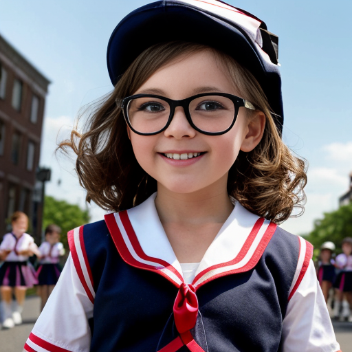 Cute adorable niña Chilindrina glasses con hair lazo curly con verano sailor uniforme escolar con zapatos negros escolar con calcetines blancos con sombrero sailor con grupal con caminar con desfile Estados Unidos América bandera con ciudad 63