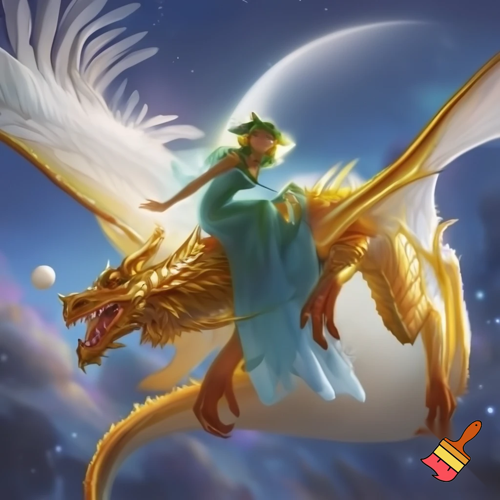 Frog Princess with light blue  dress and glowing Pearl flying a golden dragon with glowing wings