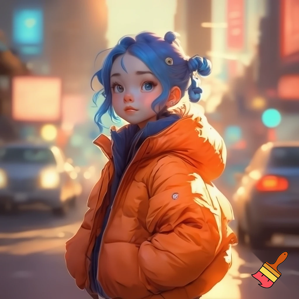 a girl with blue hair and a orenge jacket