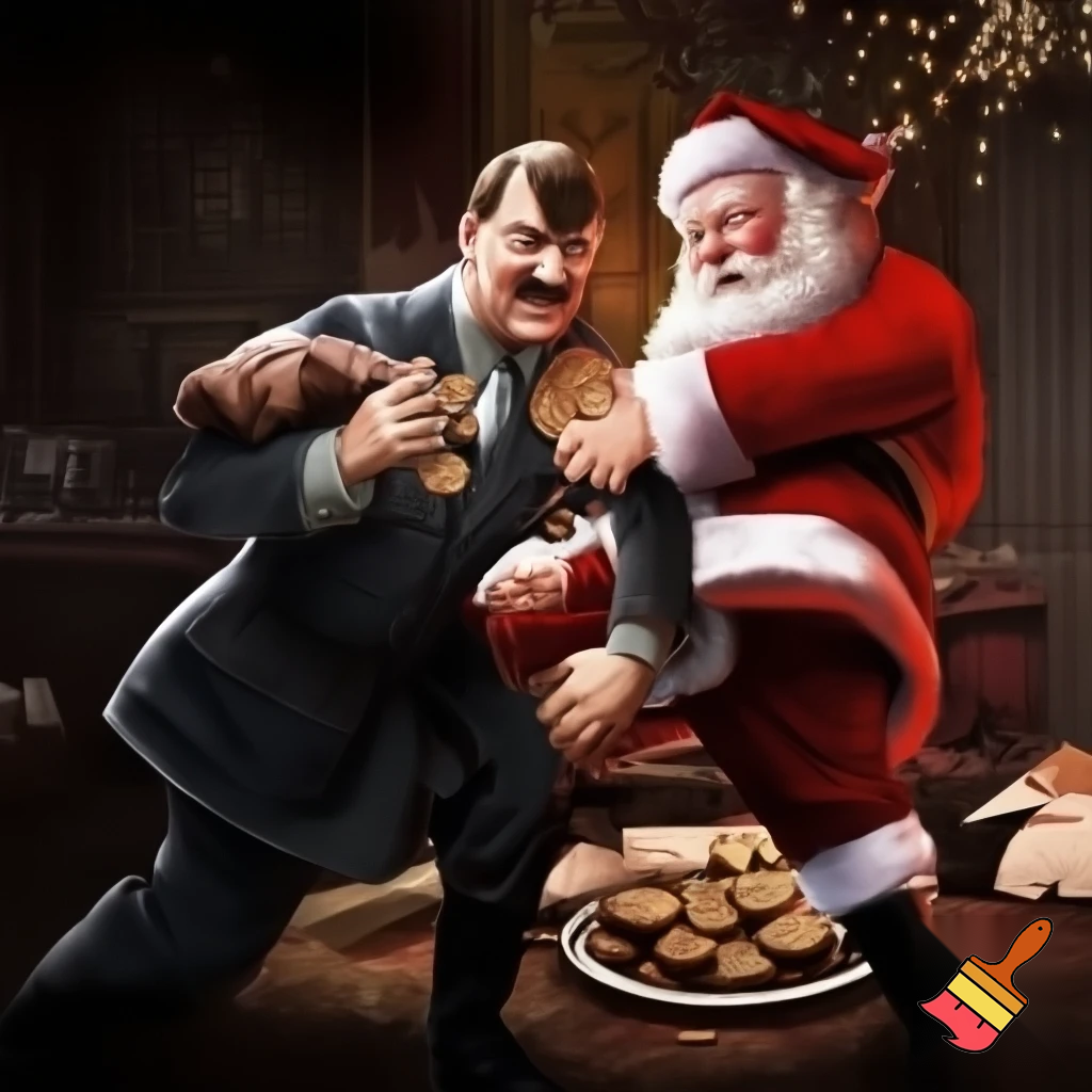 Adolf Hitler and Santa fighting over Christmas cookies