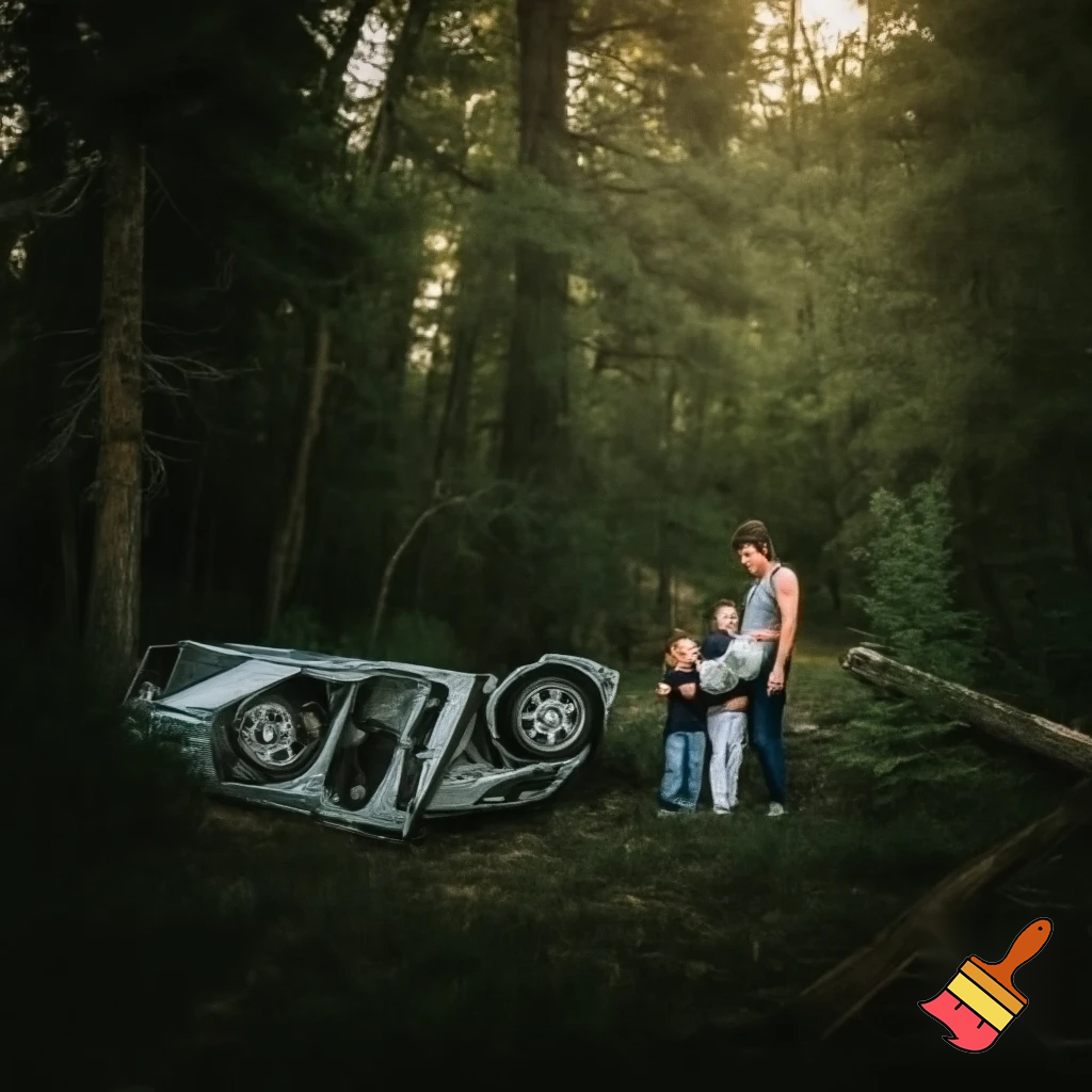 Draw me a photo of lost family in a wild forest with a crashed car near them