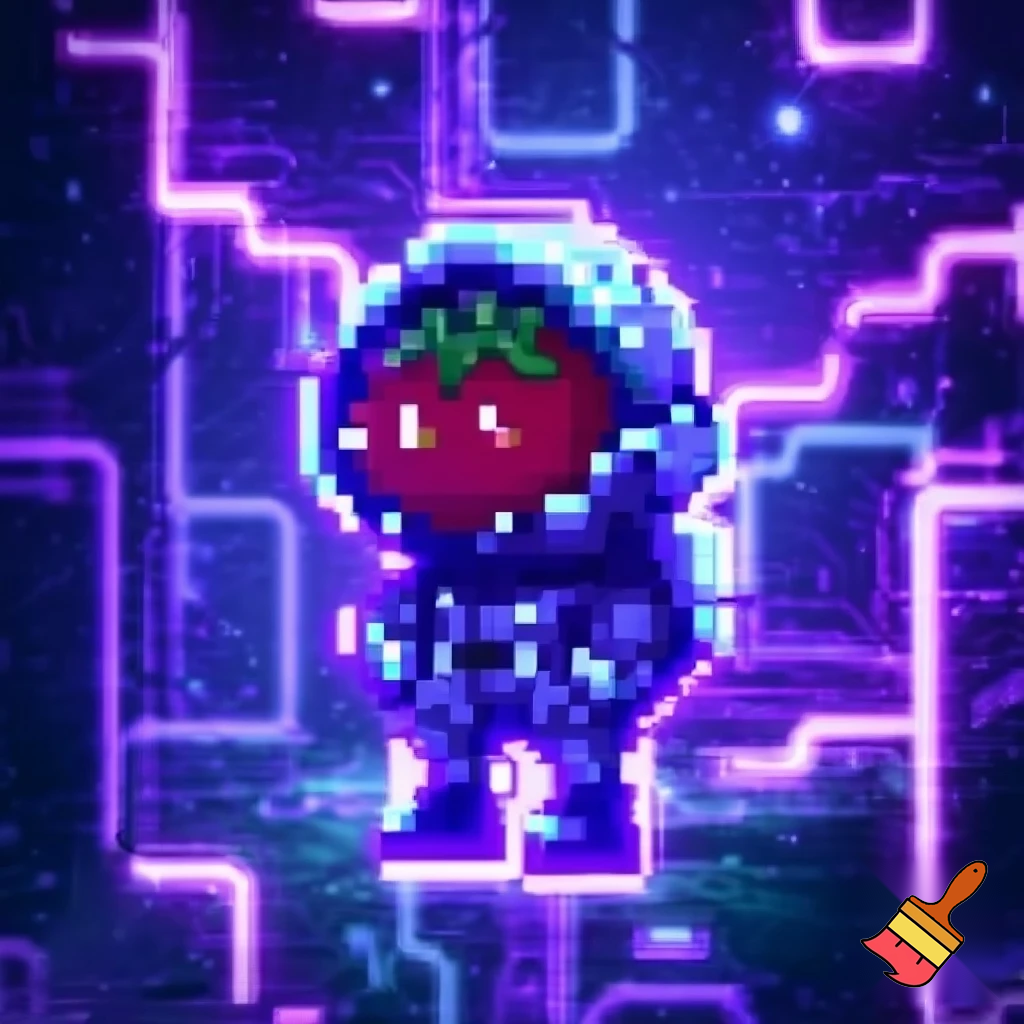 A futuristic, neon violet-blue scene featuring a pixel-style astronaut tomato as the main character. The tomato astronaut wears a glowing hooded suit with bright violet-blue LED accents. The background is illuminated with soft neon frames and cyberpunk lighting. The character has a mysterious, calm expression, glowing eyes, and a slightly pixelated texture. The overall vibe is high-tech, cosmic, and vibrant, with strong violet and blue tones.
