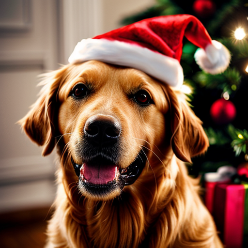 een golden retriever bij de kerstboom met een kerstmuts op