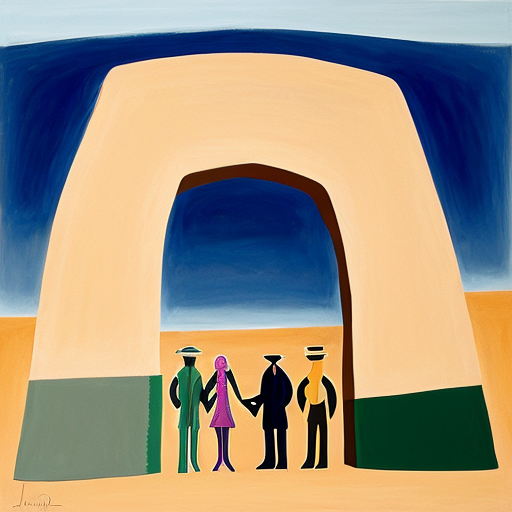 Paint the stones of a desert arch with multiple abstract figures in Tanguy and Matisse style