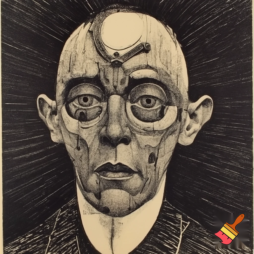 Bio-mechanical portrait, noise art. In the style of a 1920's German Expressionist woodcut print. Black & white.