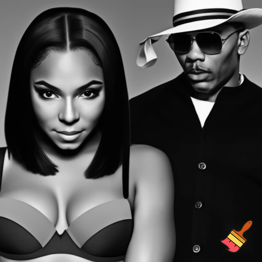 Black and white vogue photograph of Ashanti with a black sleek middle part bob hair wearing a grey and black bra and Nelly wearing a hat and a button up shirt 