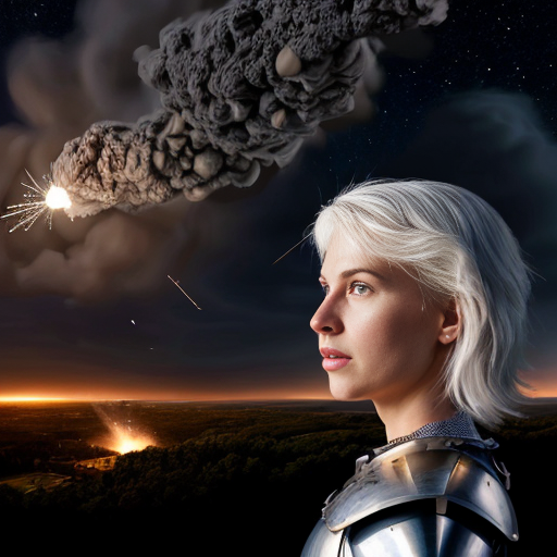 young white-haired woman in armor watches as meteorites fall on her castle