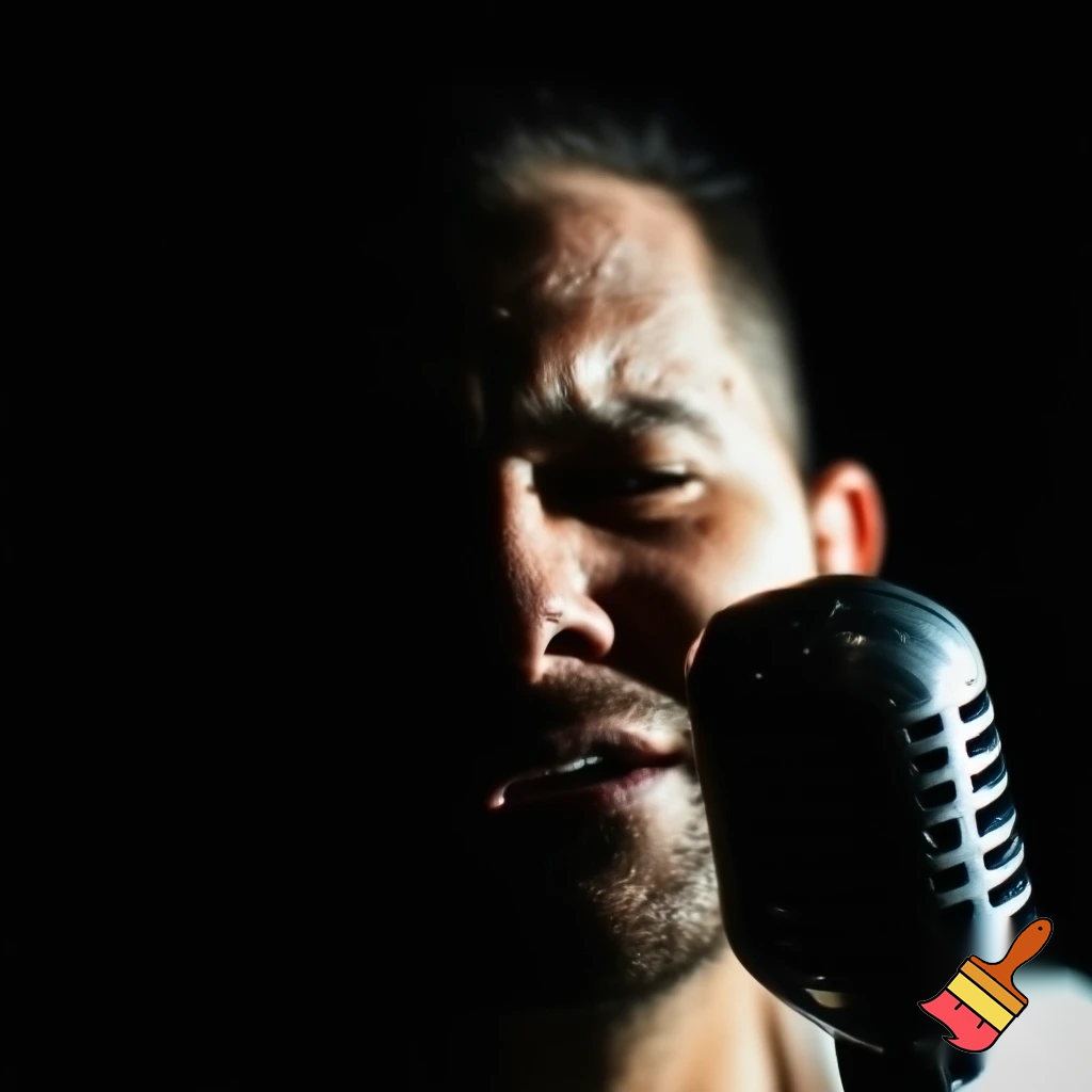 a singer close up on the mic with edgy lighting