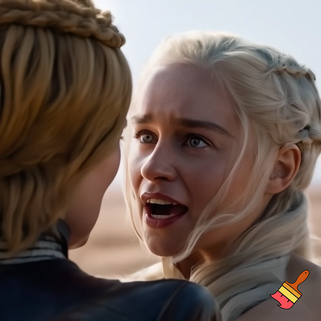 Daenerys Targaryen and Cersei Lannister fighting in the desert , Cersei Lannister is under Daenerys and losing. Both are naked and all sweaty 
