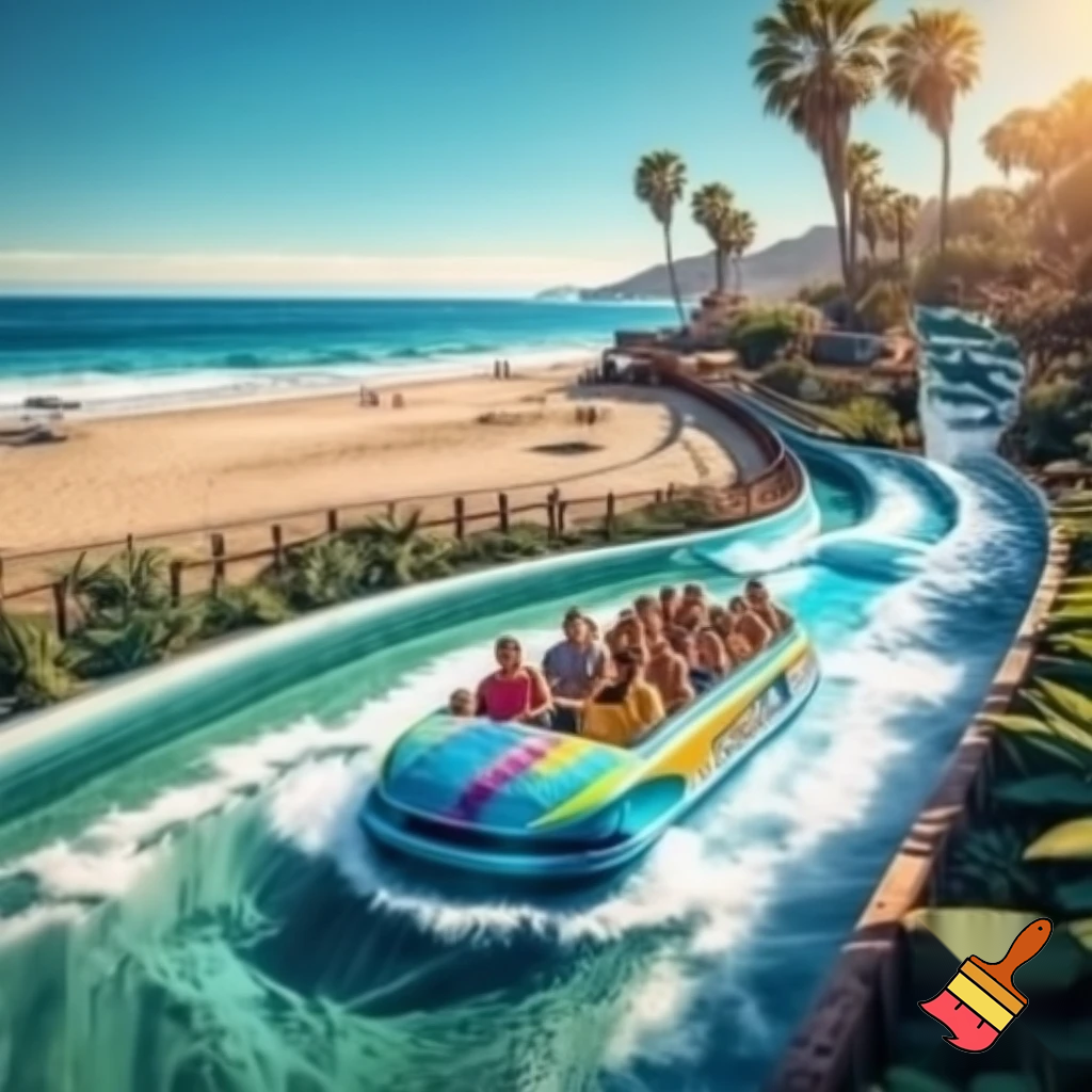 Create a realistic water boat theme park ride inspired in beachy Malibu with a fun vibe. Add path