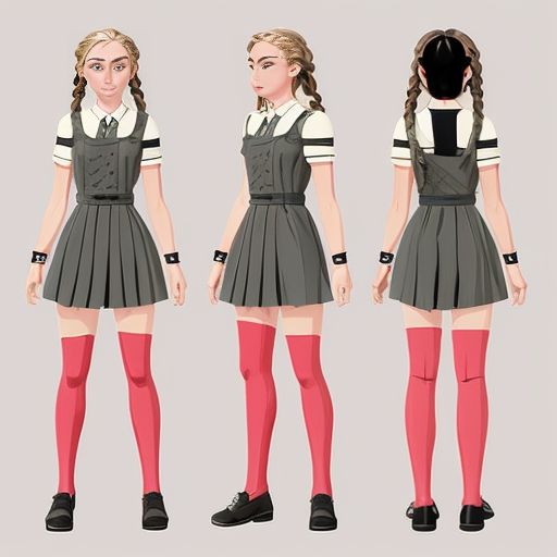 Create an original female character in a vibrant, cartoon style, designed as a professional concept art reference sheet. Include multiple angles: front, back, and 3/4 views, as well as expressive poses showing movement and emotion. Present clean, crisp linework with polished shading and vibrant colors, ensuring each part of the character’s design is clearly visible. Include close-ups of key details such as clothing patterns, accessories, and hair, while keeping proportions stylized but consistent. The composition should resemble a high-quality character reference sheet used in animation or game design, with neat annotations or visual notes showing design elements, color palette swatches, and small accessory details. Lighting should be soft and even to showcase the design clearly, and the overall layout should feel professional, organized, and visually appealing, female, blonde blue and golden translucide extremely glowing hair, wavy long hair, school uniform. Pale skin, tall and slim, elegant tied hair with Braids, sword