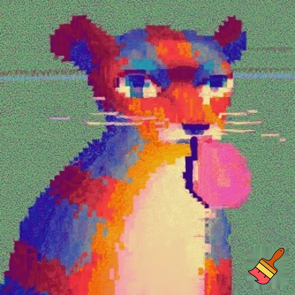 Colorful anthropomorphic animal low quality in 2010's style and blurry eyes making a basic pose with their tongue sticked out 