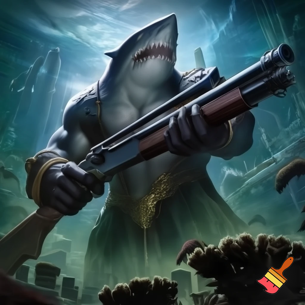 King shark prince nanaue using a shotgun 