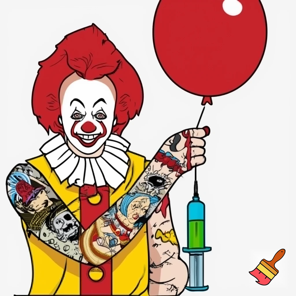 2D vector of Pennywise the clown dressed as Ronald McDonald. He has big red hair with a receding hairline. His smile should be a normal clown smile with a red nose. He is wearing a sleeveless top showing full arm sleeves of colourful traditional art tattoo's that include a pug, the Santa Cruz screaming hand, an axe, a caricature portrait of Kanye, barbed wire, skulls, a light blue diamond and a syringe with green fluid. Full length pose and holding a red balloon.