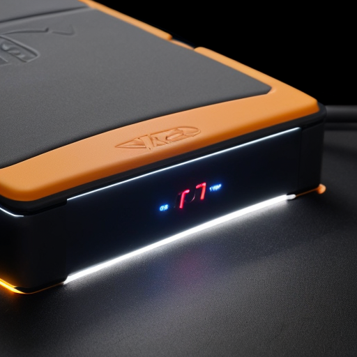 GL918 jump starter and air compressor, floating front panel separated by 1mm gap with continuous ice-blue LED strip around the panel edge. The floating panel holds dual LCD screens (side by side) and five touch zones. Main body is rounded rectangular with smooth curves. Type-C cable in bottom slot. Matte dark grey, seamless gap. Studio shot, dark background, blue outline glow, 8K, --ar 16:9 --v 6.1
