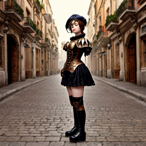 An anime woman wearing puffy Renaissance medieval clothing, a Renaissance beret, steampunk goggles, steampunk bronze gloves, and steampunk bronze boots. Empty Roman steampunk city streets background.