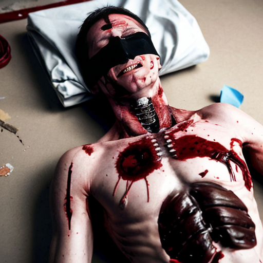 A corpse shirtless man, died, face are hiding by shirt with cut eye part (not eye human), eye closed, chest fully opened wounded circle on center, blood everywhere. Gibs and ribs (from chest bone) broken, organs piece by piece on outside.