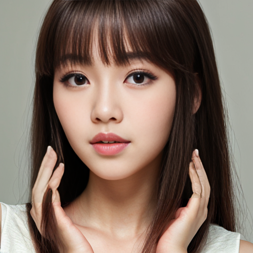 Young woman, heart-shaped face, small delicate chin, full cheeks, big round almond eyes with double eyelids, long thick eyelashes, light brown amber eyes, obvious aegyo sal, straight soft eyebrows, straight nose with small rounded tip, full plump lips with pink natural color, slightly pouty expression, fair porcelain skin, natural makeup, black long straight hair with airy bangs, innocent yet slightly lazy gaze, Korean beauty style, soft lighting, portrait photography
