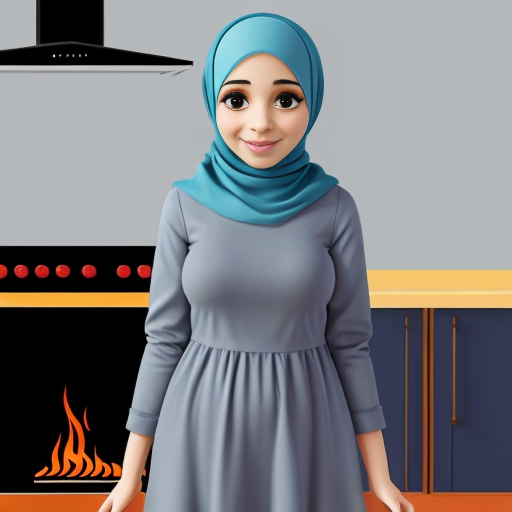 Pixar-style cartoon, Muslim woman 35-40, fully covered wide light blue dress, headscarf covering hair, modest, standing at stove cooking, gray background, no sexualized features, simple cartoon style