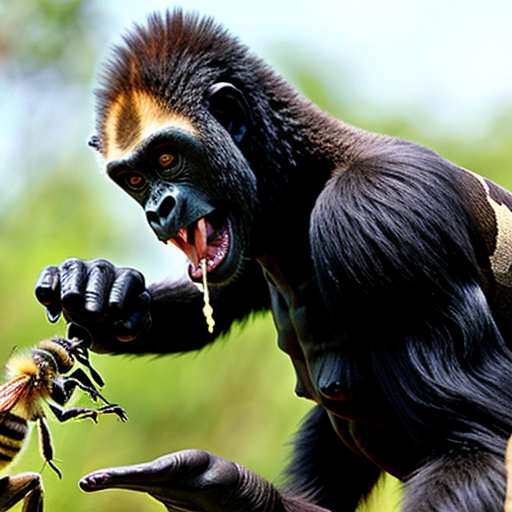 Mutant gorilla    

This animal is an animal with gorilla black head and legs, neck like giraffe and body like dinosaur. This creature lives on the island of the bees in the south Africa. That means he has bee’s wings too... It can eat lizards, spiders, snakes and obviously insect. It already lives like more than 2000 years before our era, and it is not in the museum because it's very dangerous. 

 