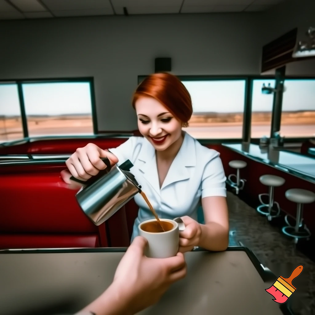 A small roadside diner. A beautiful waitress leans over to pour coffee into a customer's cup at a table. The waitress smiles. Photorealistic. 9x16