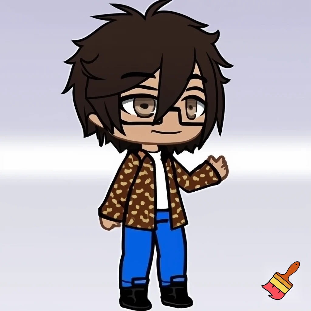 A Gacha brown skinned boy with dark brown hair, brown glasses and a brown pattern jacket with a white shirt, blue pants and black shoes. Waving at the camera 