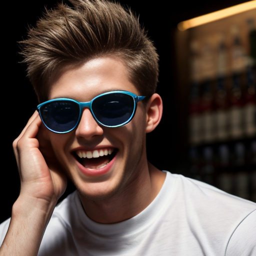 5 Jacked strong lean 20 year olds men wearing with bully clothes so cool and sunglasses and all of them are wearing white t shirt with dark blue jeans and they are all smiling and laughing in a dark room with party lights on (no one else in the room) (2010s color photo) (realistic photo with a slight shaky effect) and it looks like there is soda on the table. 